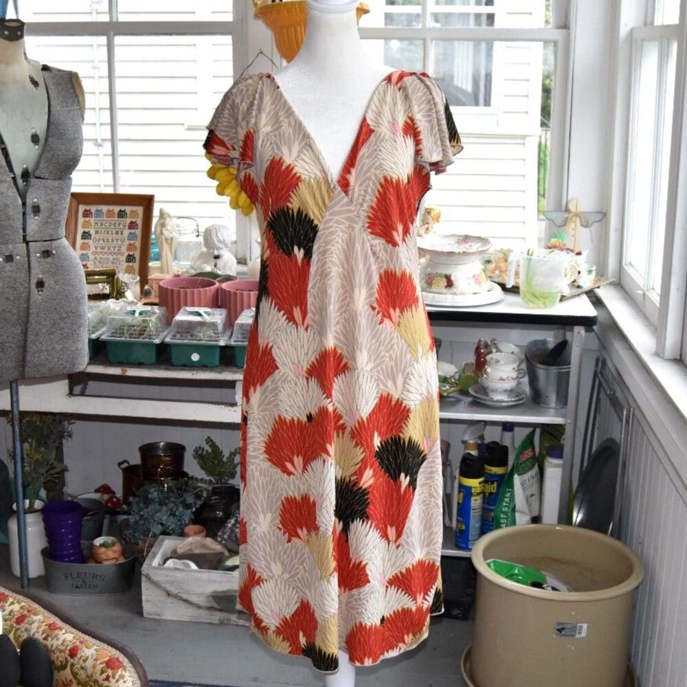 90s Y2K Rave Dress Abstract Shell Fan Print Midi Flutter Sleeve Stretch Large